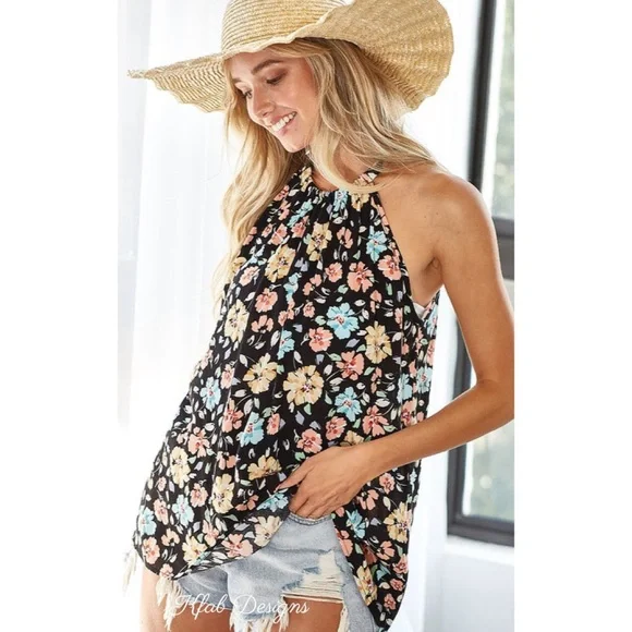 ❤️LAST ONE! Floral Print Black Woven Back Tie Halter Top! - Picture 4 of 11